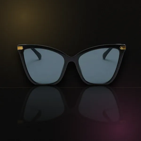 Noir Cat-Eye — glossy black cat-eye sunglasses with gold rivets